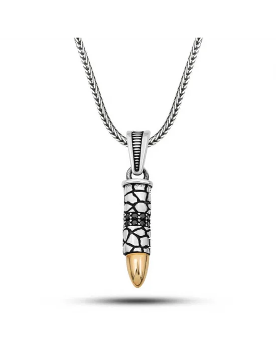 Gümüş Siyah Zirkon Taşlı Mermi Erkek Kolye