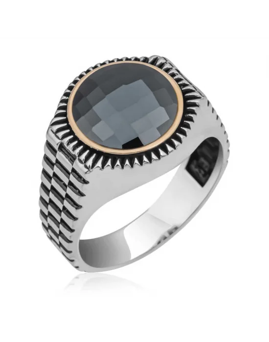 Gümüş Siyah Zirkon Taşlı Yuvarlak Erkek Yüzük