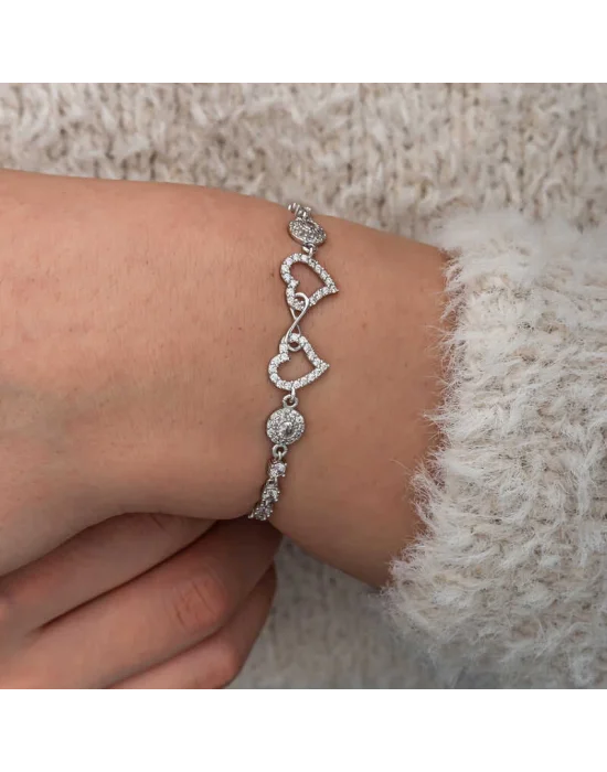 Gümüş Sonsuzluk İki Kalp Kadın Bileklik