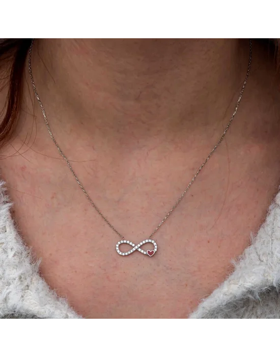 Gümüş Sonsuzluk Kırmızı Kalpli Kadın Kolye