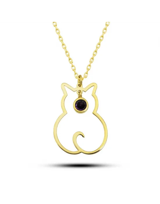Gümüş Şubat Ayı Doğum Taşı Kedi Kadın Kolye