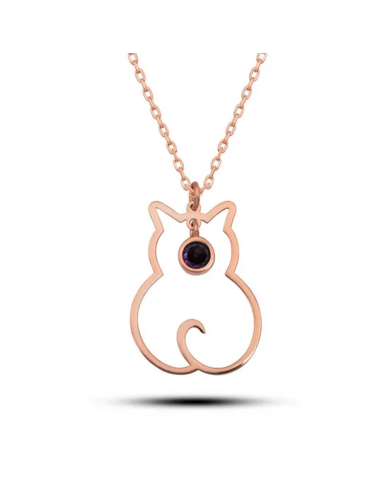 Gümüş Şubat Ayı Doğum Taşı Kedi Kadın Kolye