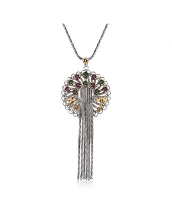 Gümüş Telkari Yakut Zümrüt Renkli Taşlı Kadın Kolye
