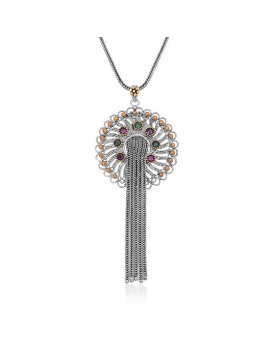 Gümüş Telkari Yakut Zümrüt Renkli Taşlı Kadın Kolye