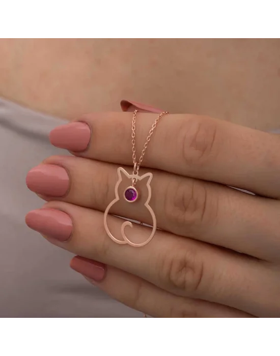 Gümüş Temmuz Ayı Doğum Taşı Kedi Kadın Kolye