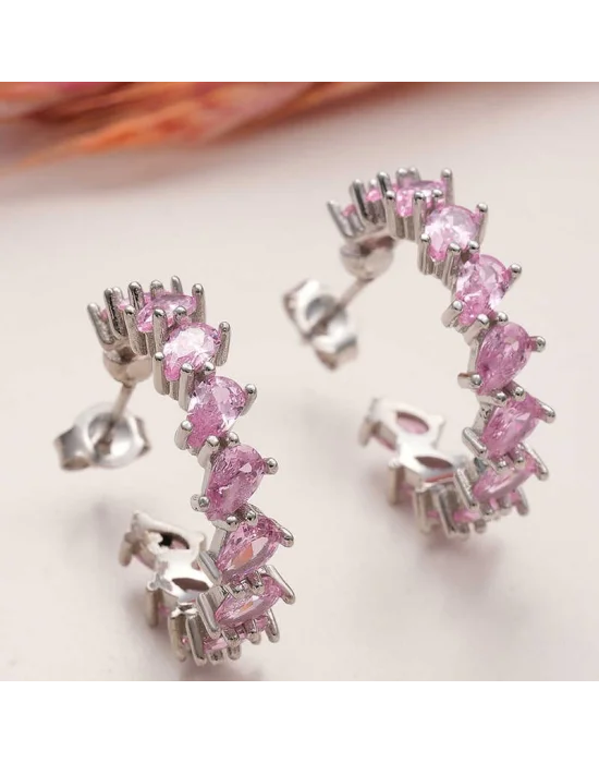 Gümüş Toz Pembe Taşlı Damla Çivili Kadın Küpe