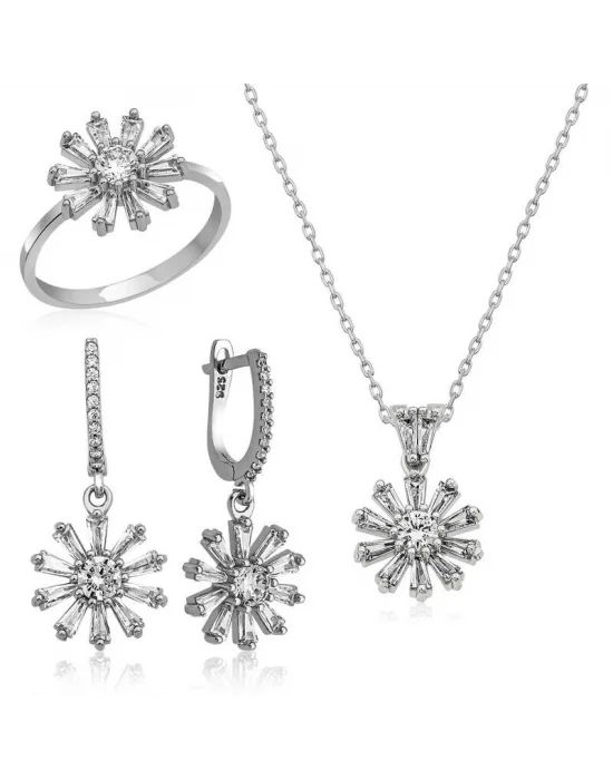 Gümüş Trapez Taşlı  Çiçek Bayan Set