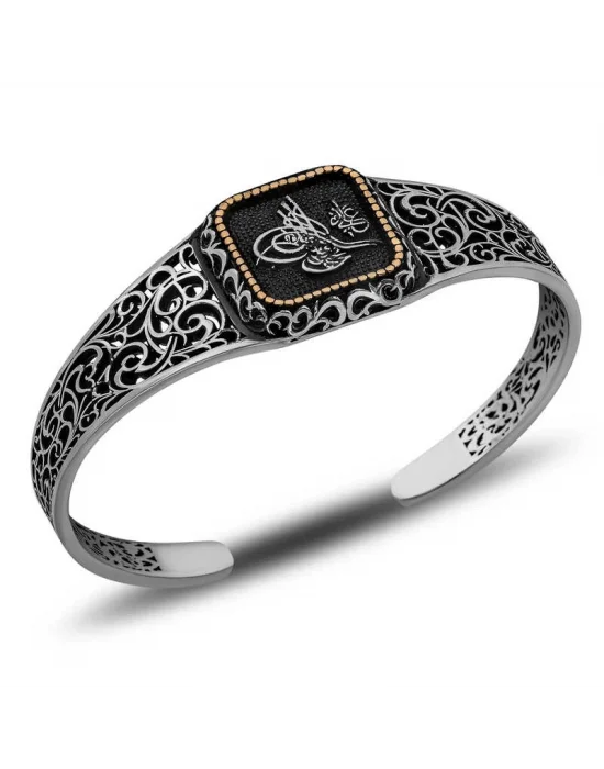 Gümüş Tuğra Ayarlanabilir Kelepçe Erkek Bileklik