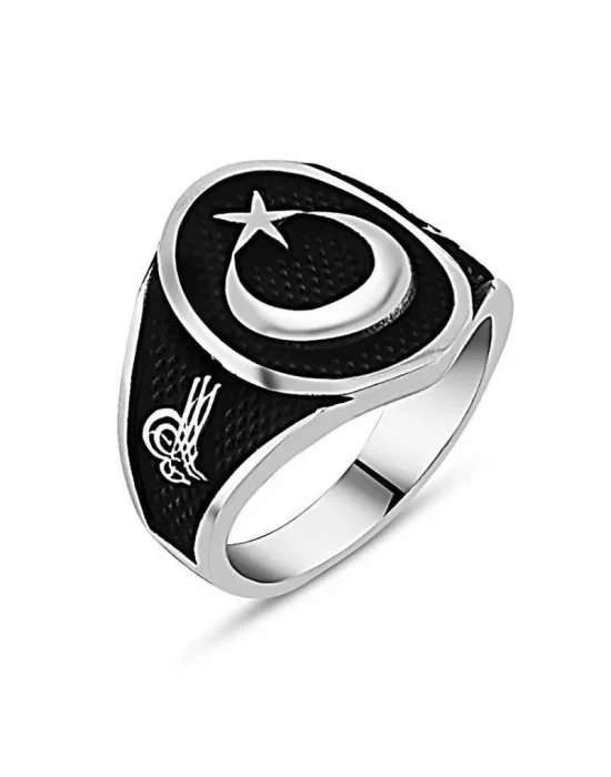 Gümüş Tuğralı Ay Yıldız Erkek Yüzük