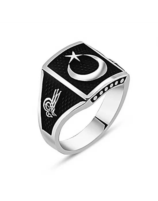 Gümüş Tuğralı Ay Yıldız Erkek Yüzük