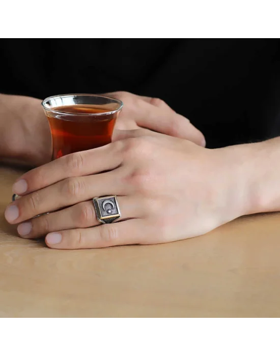 Gümüş Türk Bayrağı Ay Yıldız Erkek Yüzük