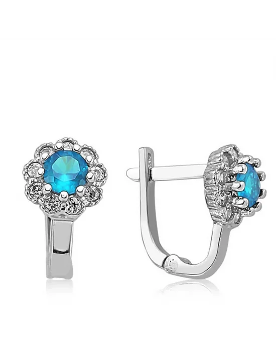 Gümüş Turkuaz Çiçek Desenli Yuvarlak J Kadın Küpe