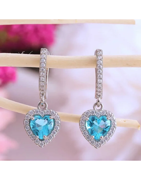 Gümüş Turkuaz Taşlı Kalpli Kadın Küpe