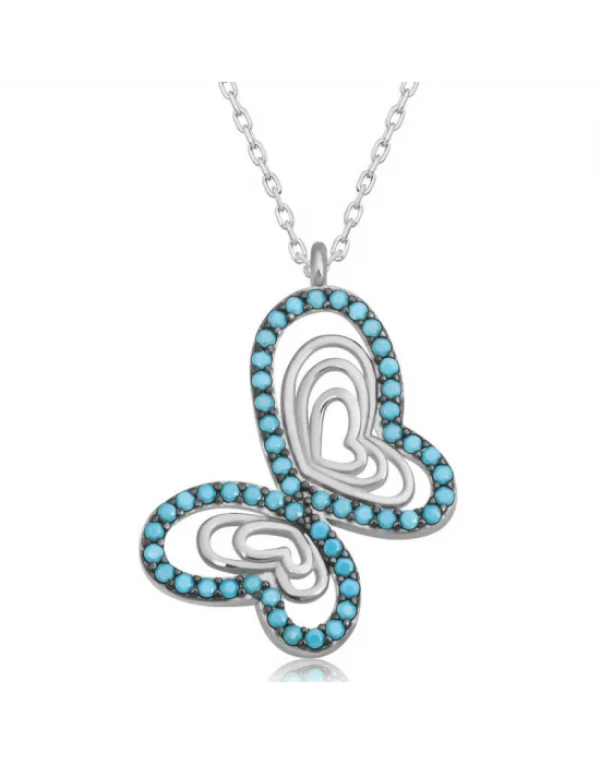 Gümüş Turkuaz Taşlı Kelebek Kadın