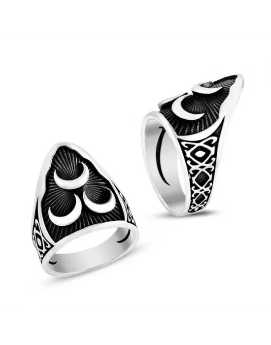 Gümüş  Üç Hilal Başparmak Erkek Yüzük