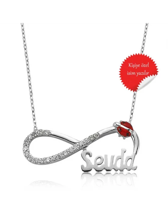 Gümüş Uğur Böcekli İsimli Sonsuzluk Bayan Kolye