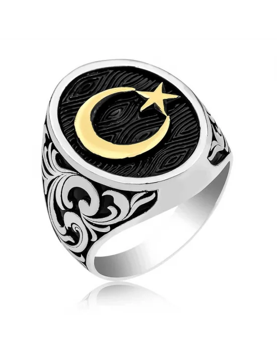Gümüş Yanları Desenli Ay Yıldız Erkek Yüzük