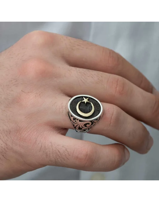 Gümüş Yanları Desenli Ay Yıldız Erkek Yüzük