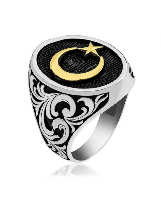 Gümüş Yanları Desenli Ay Yıldız Erkek Yüzük
