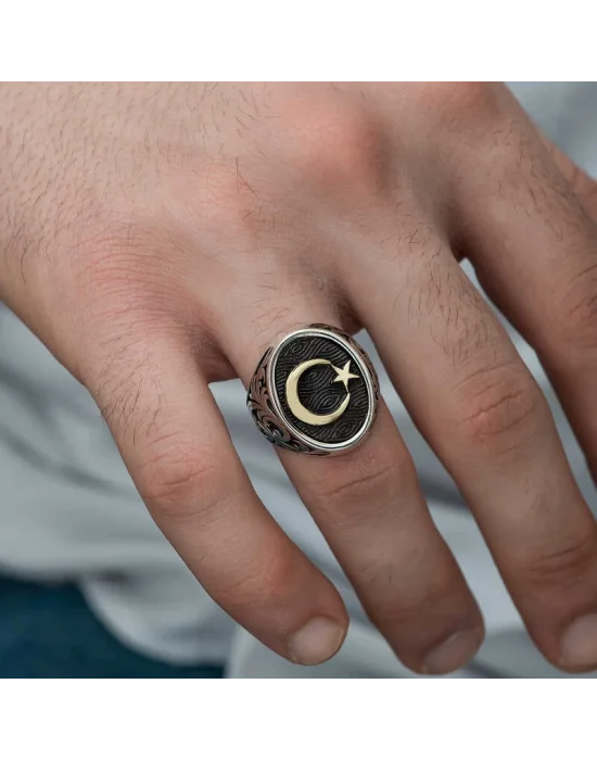 Gümüş Yanları Desenli Ay Yıldız Erkek Yüzük