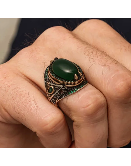 Gümüş Yeşil Akik Taşlı Erkek Yüzük