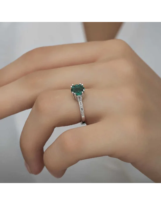 Gümüş Yeşil Baget Tek Taş Kadın Yüzük