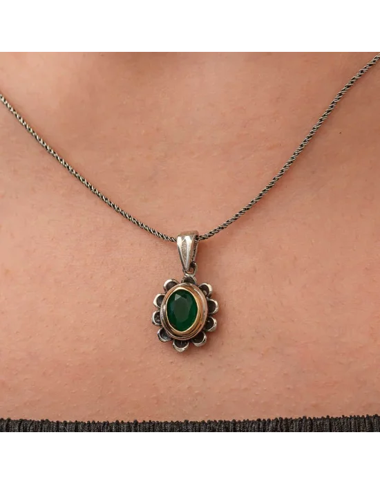 Gümüş Yeşil Çiçek Desenli Otantik Kadın Kolye