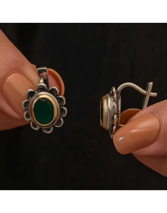 Gümüş Yeşil Çiçek Desenli Otantik Kadın Küpe