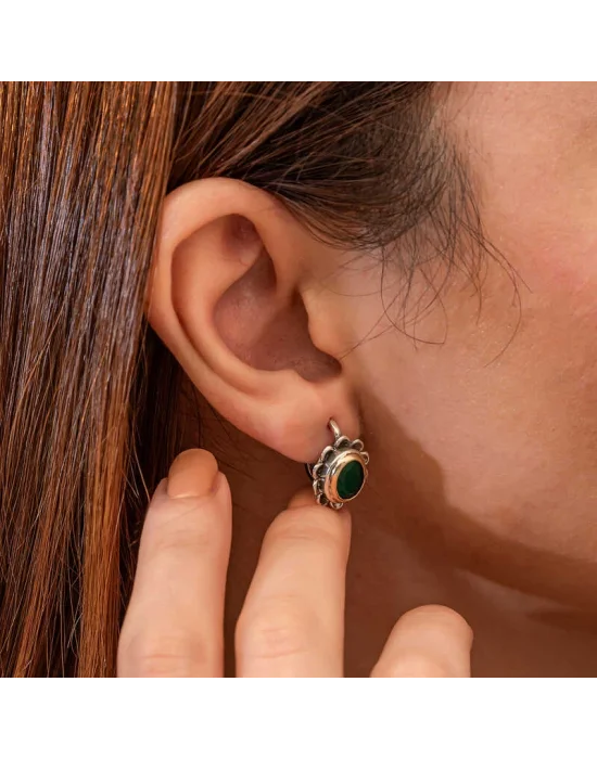 Gümüş Yeşil Çiçek Desenli Otantik Kadın Küpe