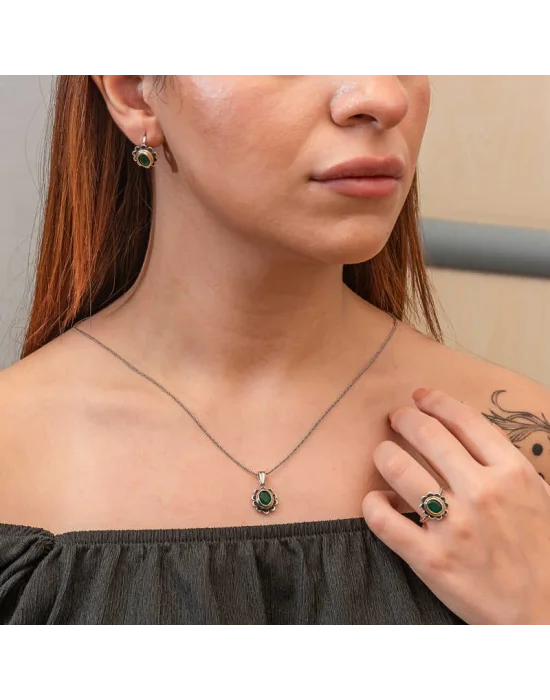 Gümüş Yeşil Çiçek Desenli Otantik Kadın Set