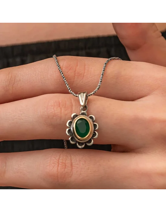 Gümüş Yeşil Çiçek Desenli Otantik Kadın Set