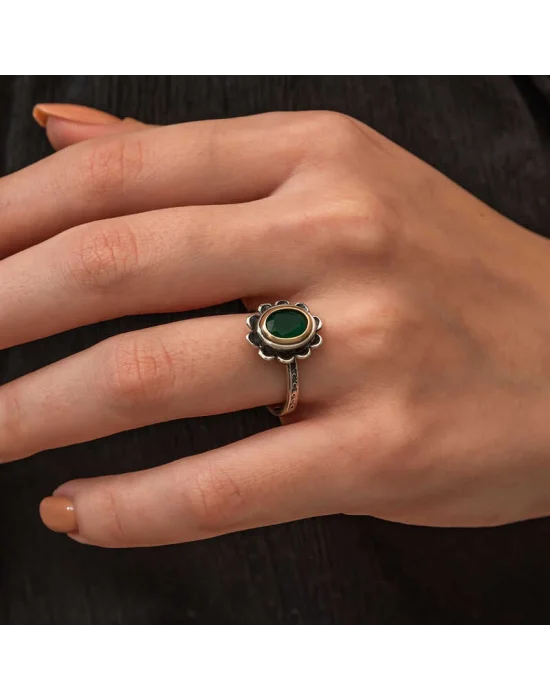Gümüş Yeşil Çiçek Desenli Otantik Kadın Yüzük