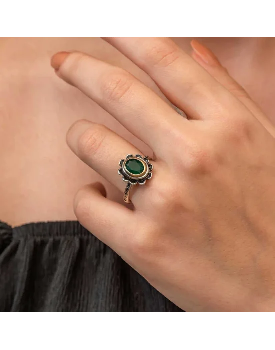 Gümüş Yeşil Çiçek Desenli Otantik Kadın Yüzük