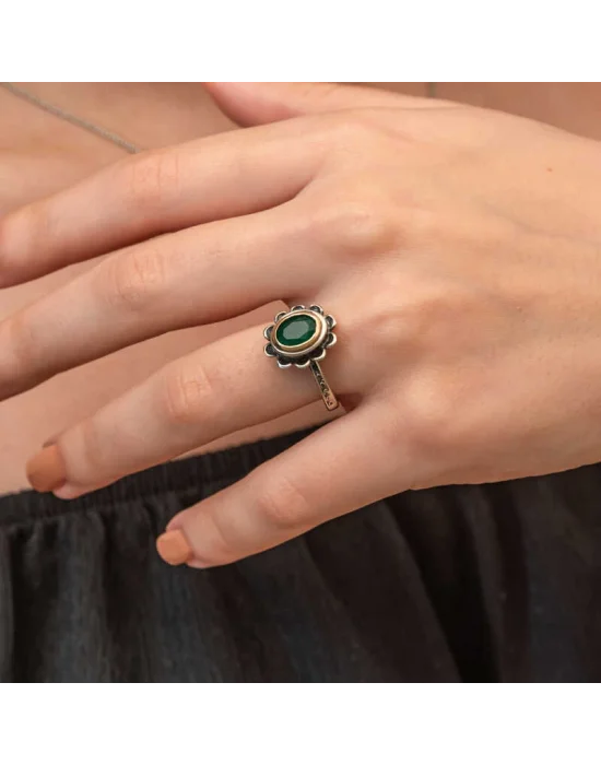 Gümüş Yeşil Çiçek Desenli Otantik Kadın Yüzük