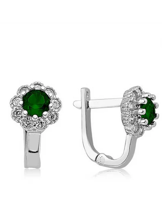 Gümüş Yeşil Çiçek Desenli Yuvarlak J Kadın Küpe