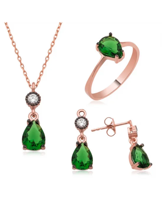 Gümüş Yeşil Damla Taşlı Bayan Set