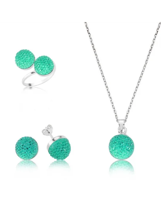 Gümüş Yeşil Kristal Taşlı Bayan Set