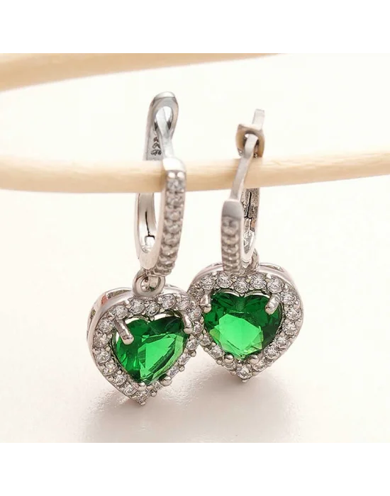 Gümüş Yeşil Taşlı Kalpli Kadın Küpe