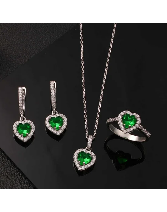 Gümüş Yeşil Taşlı Kalpli Kadın Set