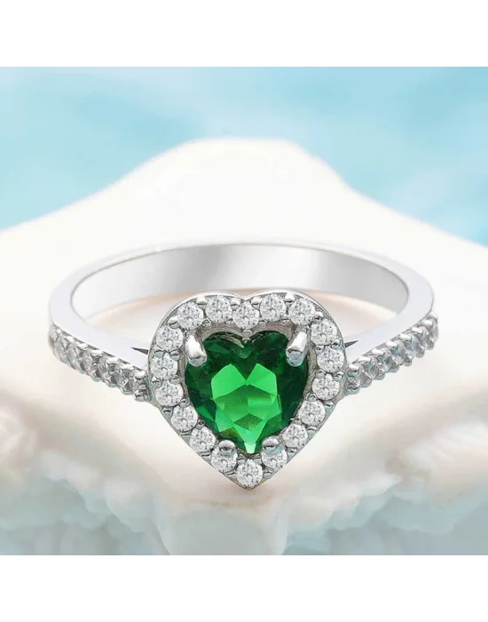 Gümüş Yeşil Taşlı Kalpli Kadın Yüzük