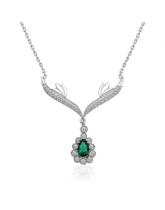 Gümüş Yeşil Taşlı Madalyon Bayan Kolye