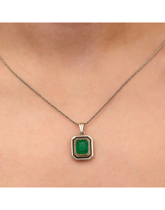 Gümüş Yeşil Taşlı Otantik Kadın Kolye