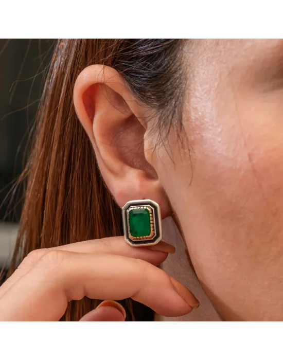 Gümüş Yeşil Taşlı Otantik Kadın Küpe