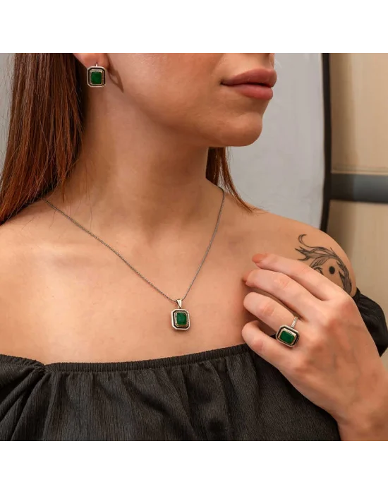 Gümüş Yeşil Taşlı Otantik Kadın Set