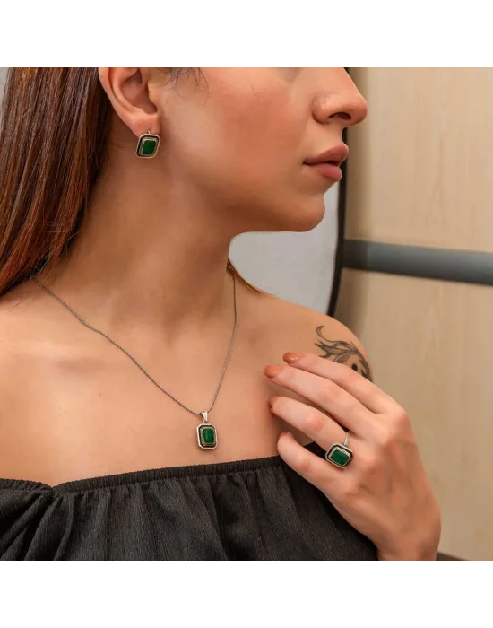 Gümüş Yeşil Taşlı Otantik Kadın Set
