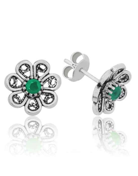 Gümüş Yeşil Telkari Çiçek Çivili Küpe