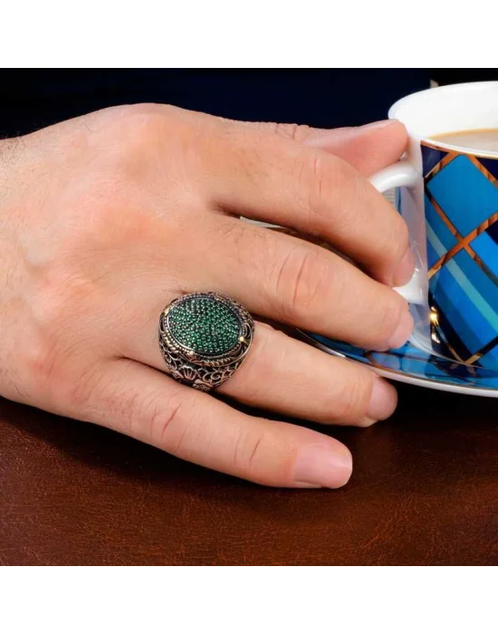 Gümüş Yeşil Zirkon Taşlı Oval Erkek Yüzük