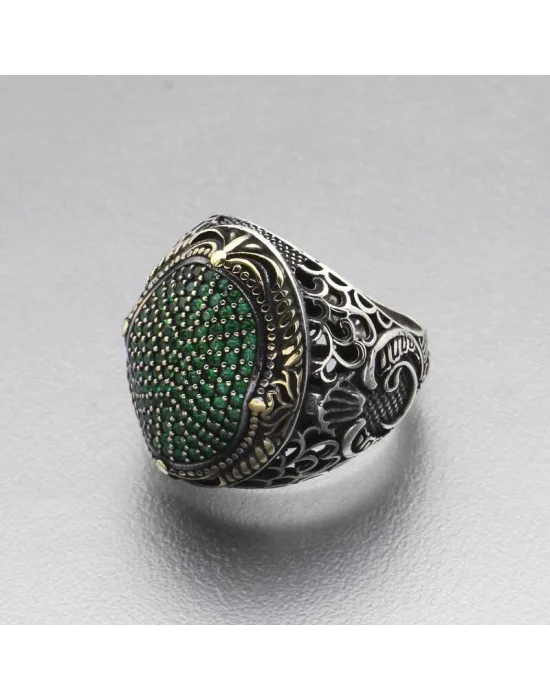 Gümüş Yeşil Zirkon Taşlı Oval Erkek Yüzük