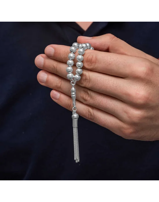 Gümüş Yuvarlak Çizgili Erkek Tesbih