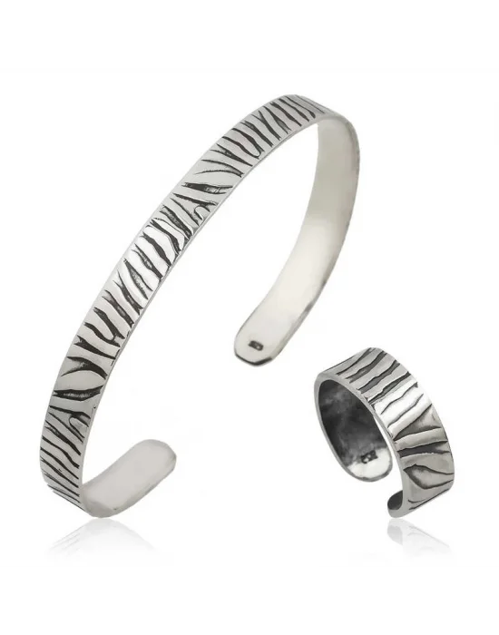 Gümüş Zebra Desenli Bileklik Ve Yüzük Set